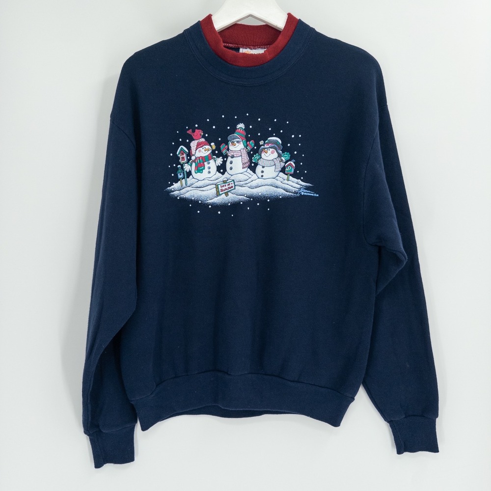 Vintage 90s Snowman Sweatshirt Women M Morning Sun Navy Granny Christmas Holiday